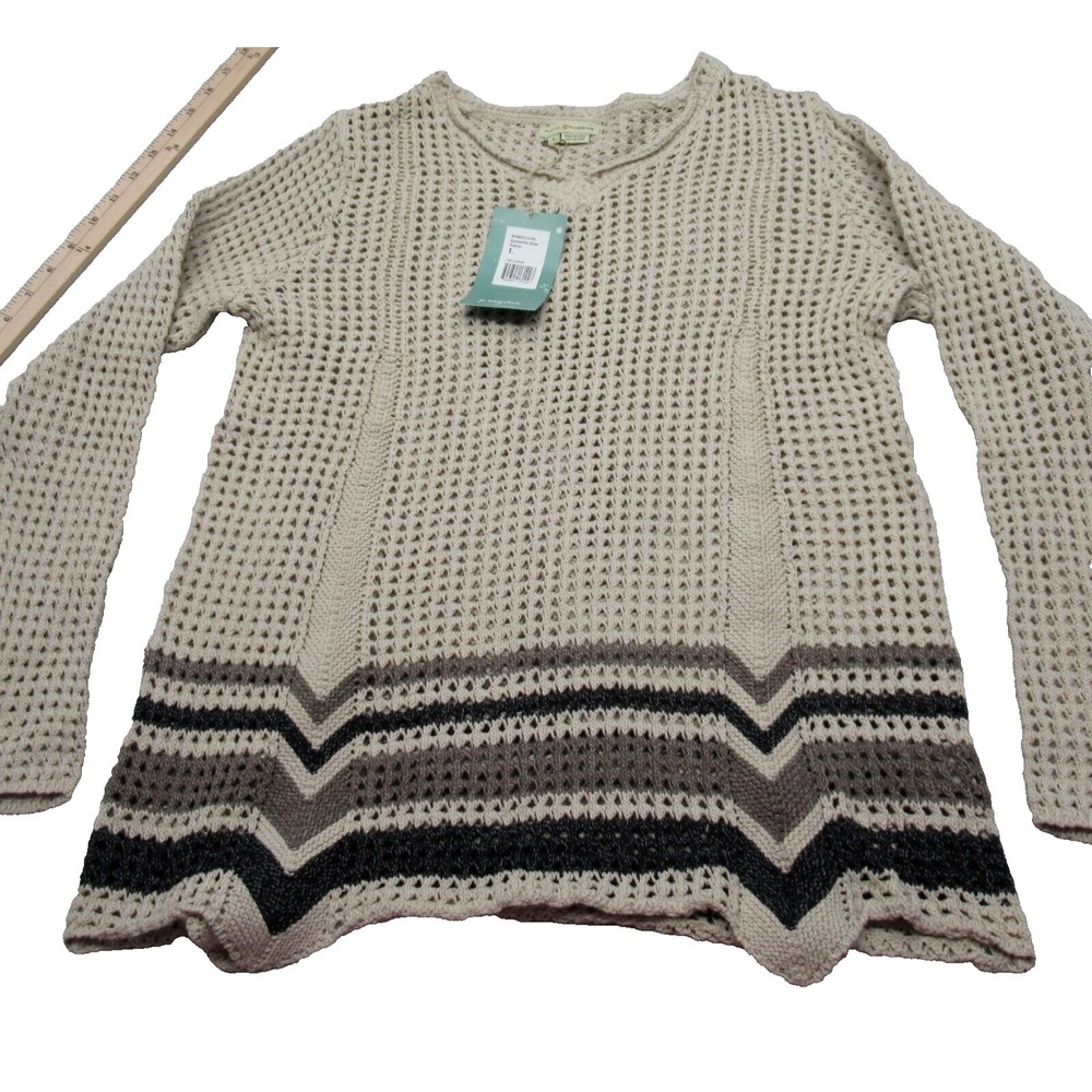 Royal Robbins Shirt Women Large Cream Knit Shark Tooth Stripe Pullover NEW